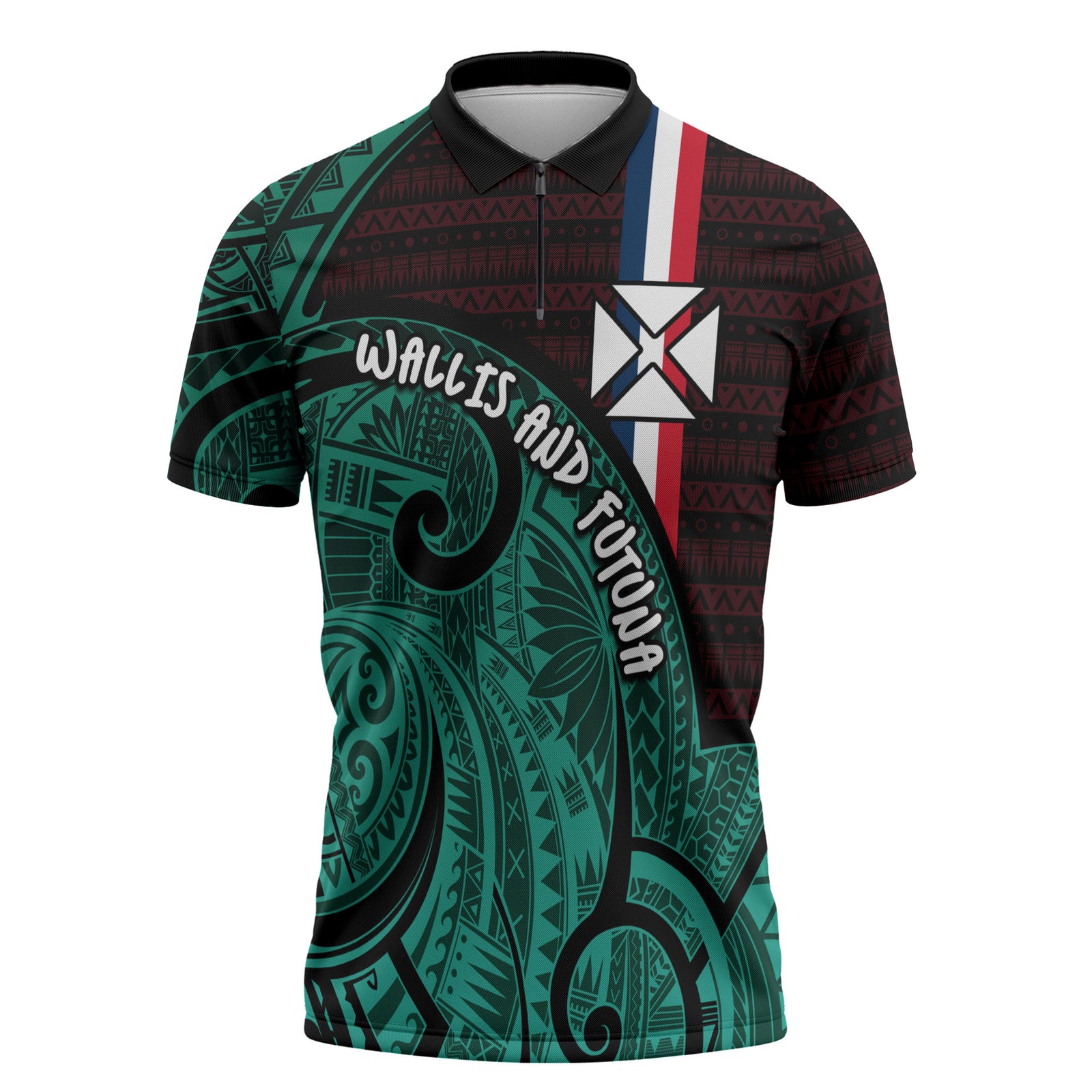 Wallis And Futuna Zipper Polo Shirt Tribal Polynesian Tattoo Heritage Cross Flag TS04 Green Black - Polynesian Pride
