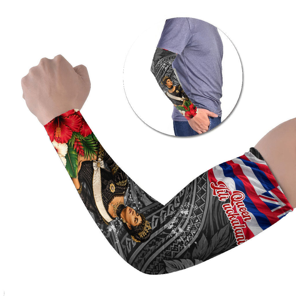 Queen Liliuokalani Hawaiian Flag Arm Sleeves Polynesian Tribal Pattern And Tropical Hibiscus TS04 Set of 2 Grey Red - Polynesian Pride