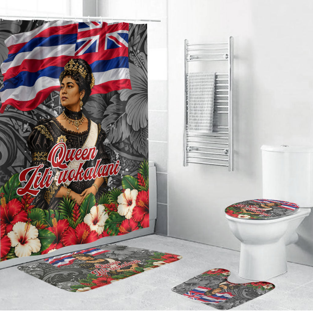 Queen Liliuokalani Hawaiian Flag Bathroom Set Polynesian Tribal Pattern And Tropical Hibiscus