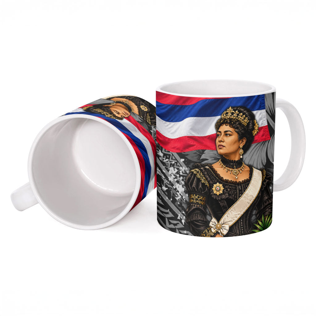 Queen Liliuokalani Hawaiian Flag Ceramic Mug Polynesian Tribal Pattern And Tropical Hibiscus TS04 - Polynesian Pride