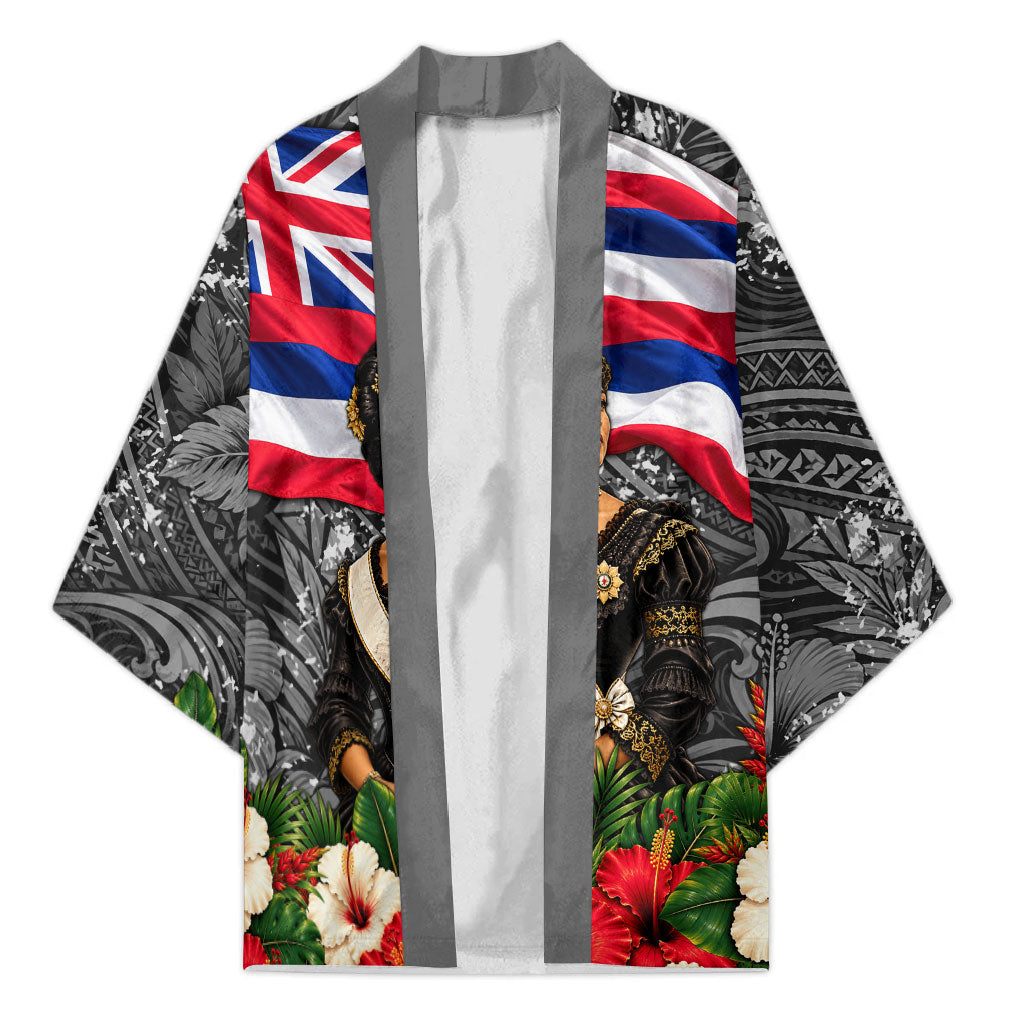 Queen Liliuokalani Hawaiian Flag Kimono Polynesian Tribal Pattern And Tropical Hibiscus TS04 Unisex Grey Red - Polynesian Pride