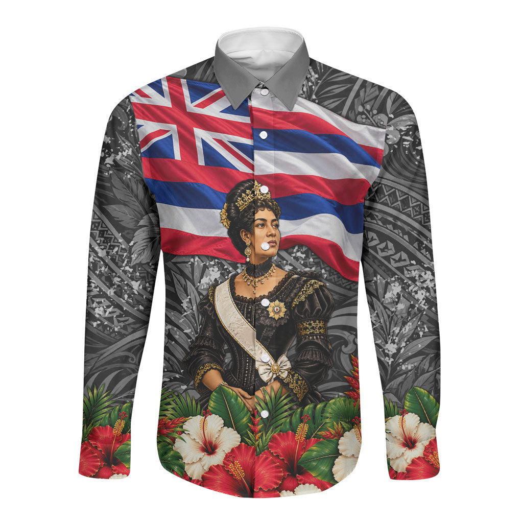 Queen Liliuokalani Hawaiian Flag Long Sleeve Button Shirt Polynesian Tribal Pattern And Tropical Hibiscus TS04 Unisex Grey Red - Polynesian Pride