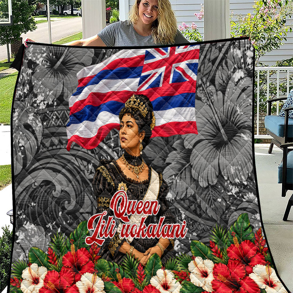 Queen Liliuokalani Hawaiian Flag Quilt Polynesian Tribal Pattern And Tropical Hibiscus TS04 Grey Red - Polynesian Pride