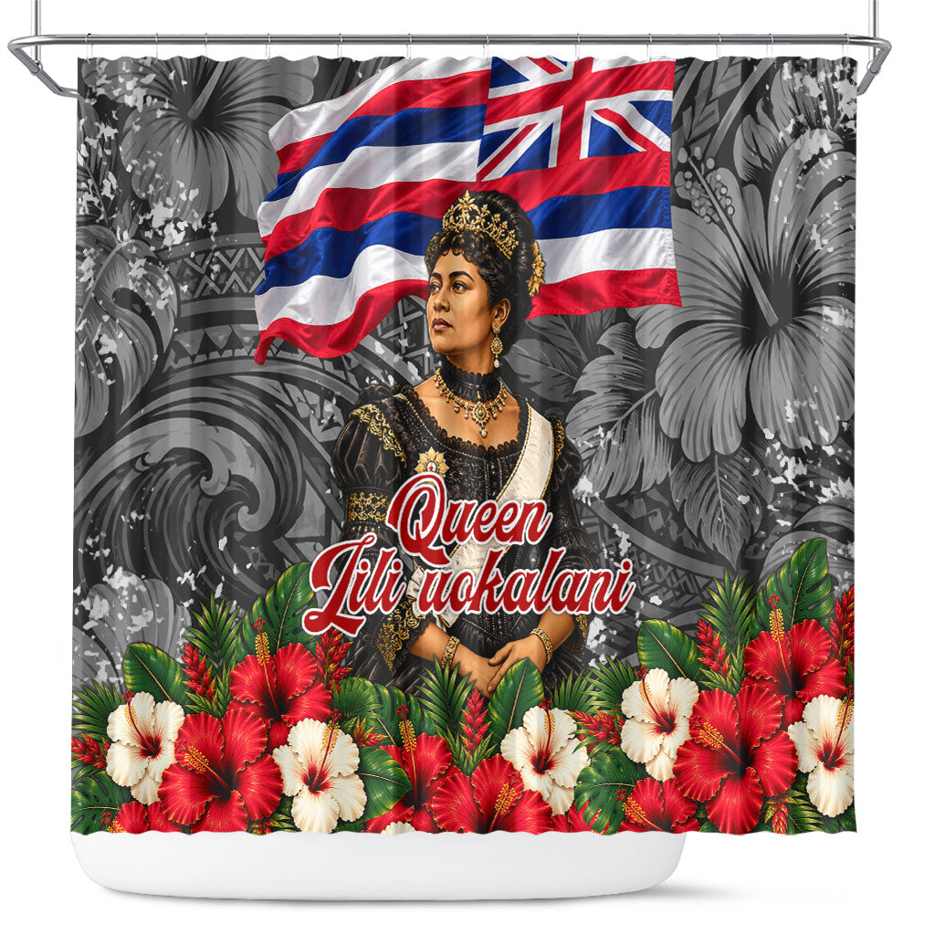 Queen Liliuokalani Hawaiian Flag Shower Curtain Polynesian Tribal Pattern And Tropical Hibiscus TS04 Grey Red - Polynesian Pride