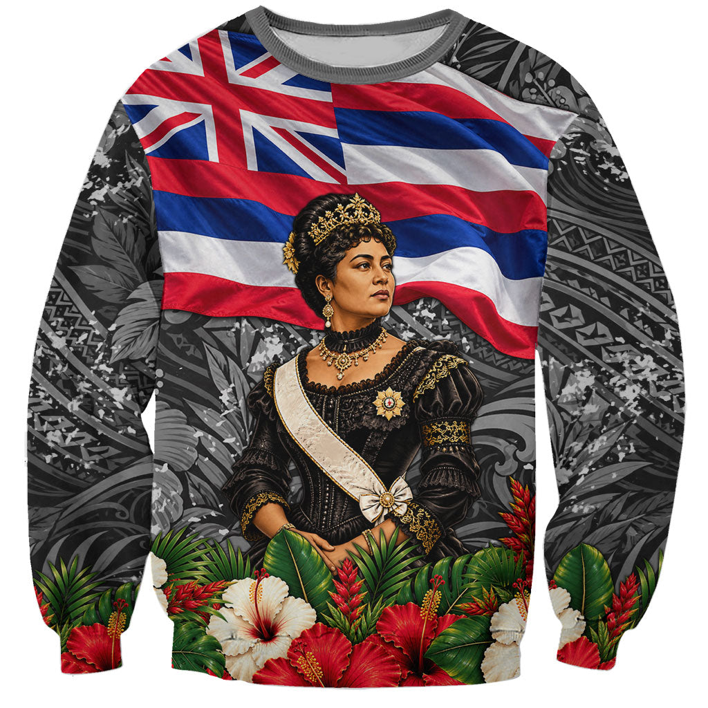Queen Liliuokalani Hawaiian Flag Sweatshirt Polynesian Tribal Pattern And Tropical Hibiscus TS04 Unisex Grey Red - Polynesian Pride