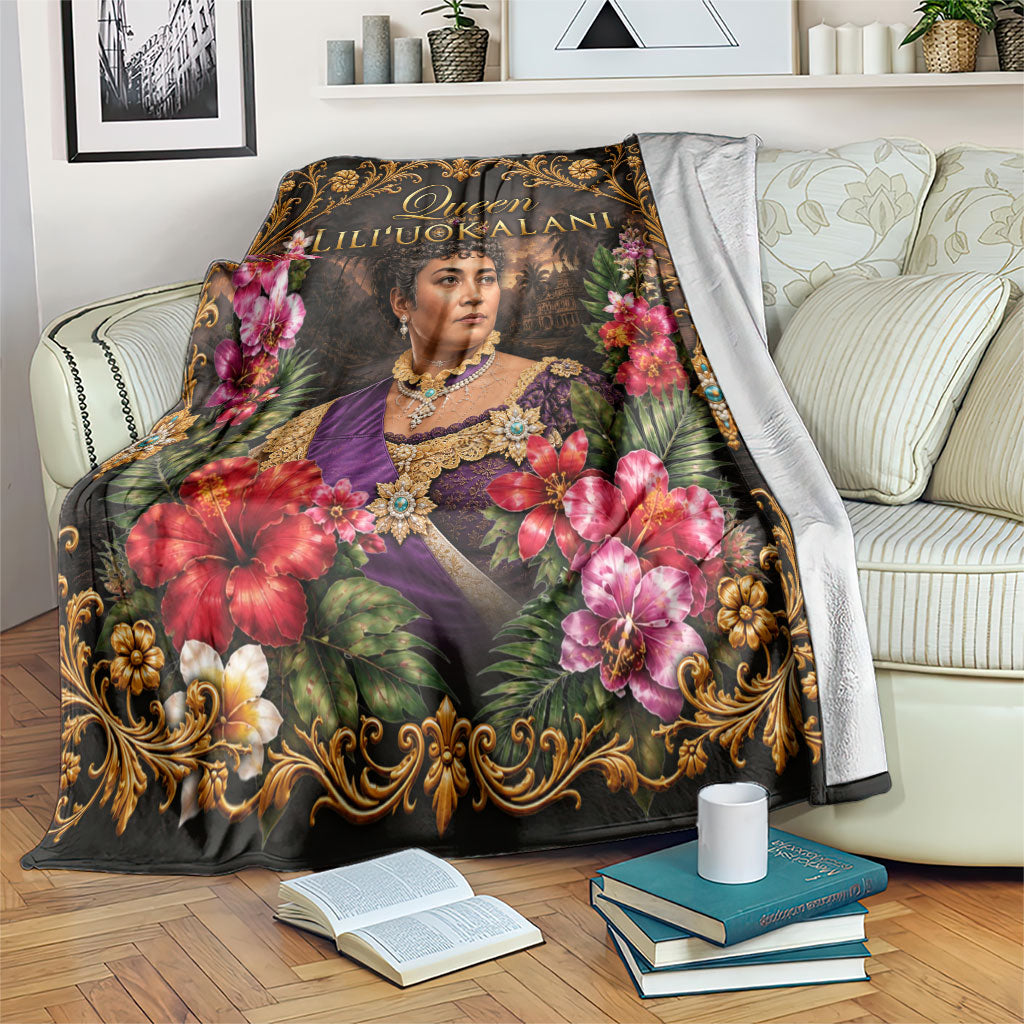 Queen Liliuokalani Hawaii Blanket Royal Portrait Golden Floral Frame Tropical Hibiscus