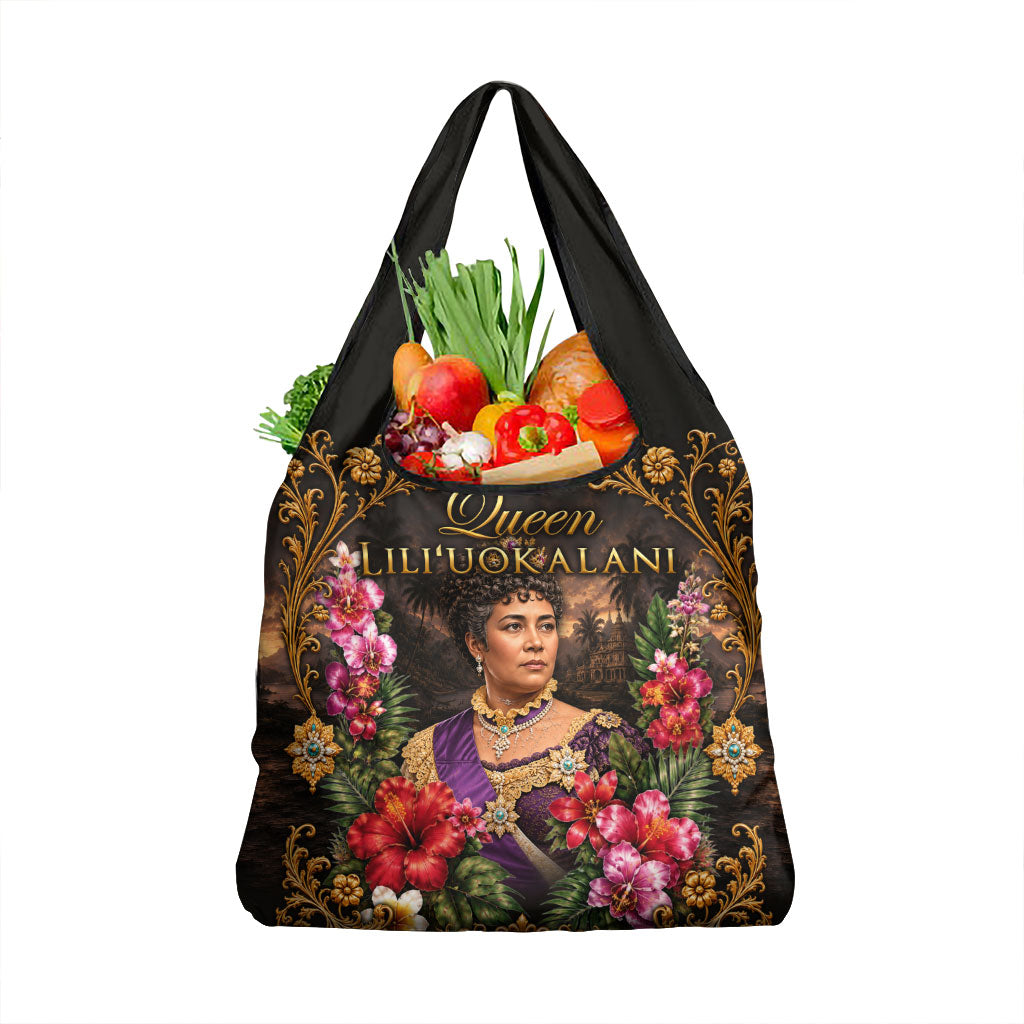 Queen Liliuokalani Hawaii Grocery Bag Royal Portrait Golden Floral Frame Tropical Hibiscus TS04 1-pack One Size Black Gold - Polynesian Pride