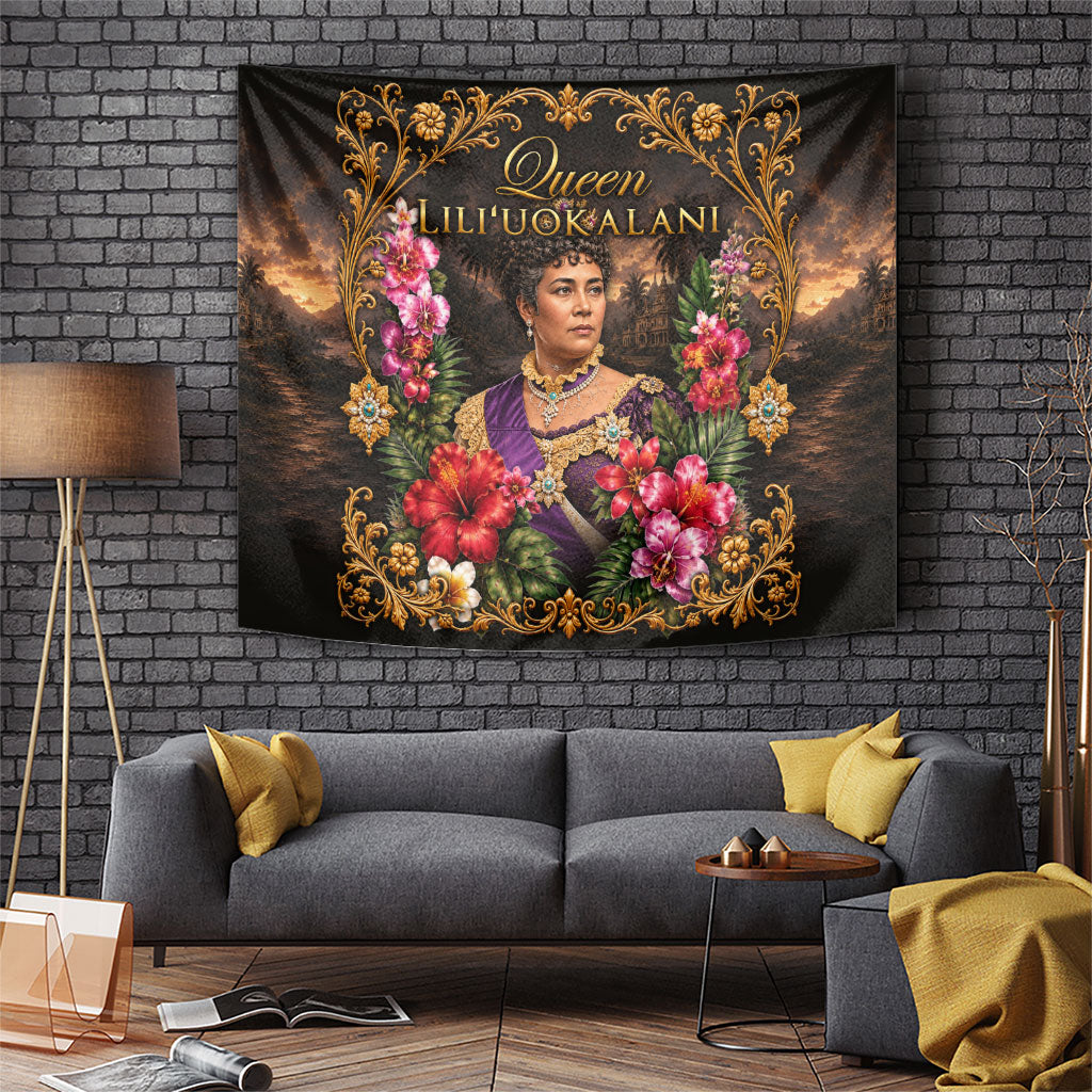 Queen Liliuokalani Hawaii Tapestry Royal Portrait Golden Floral Frame Tropical Hibiscus