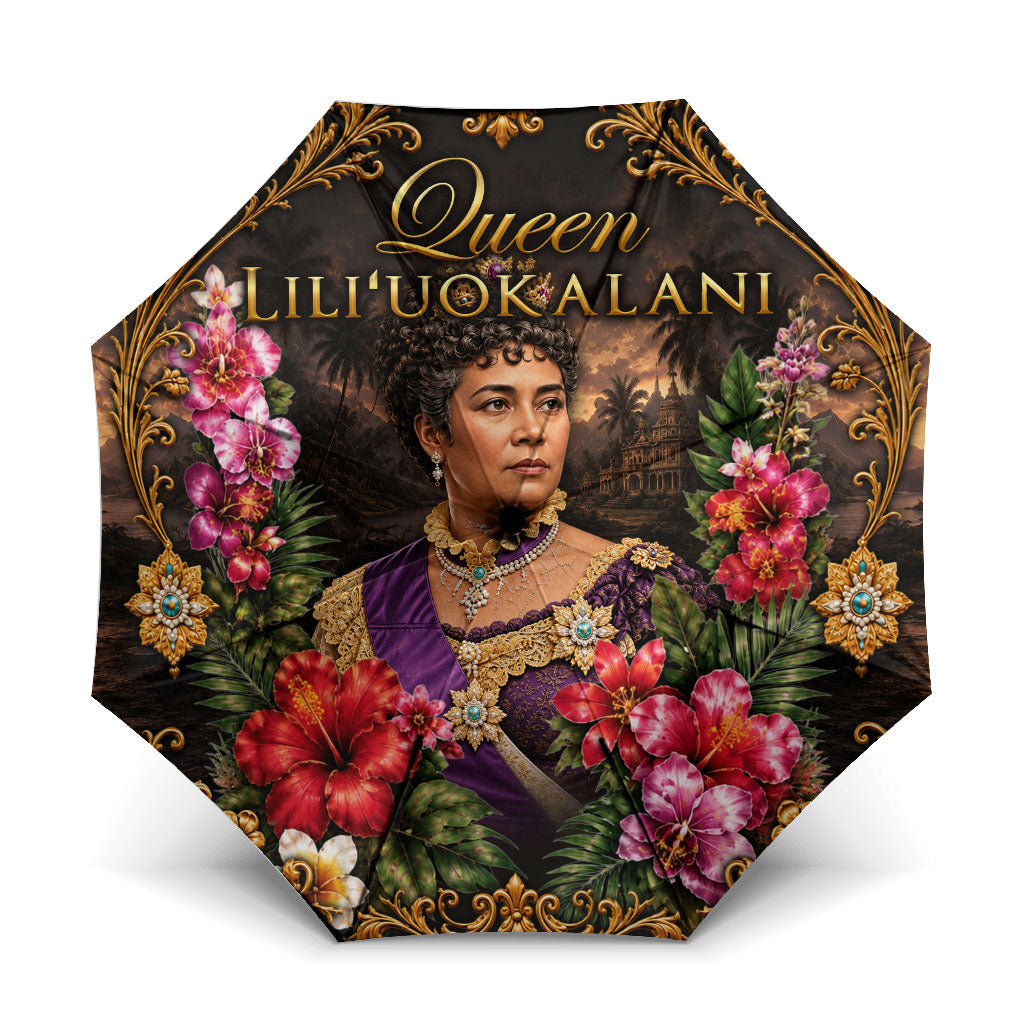 Queen Liliuokalani Hawaii Umbrella Royal Portrait Golden Floral Frame Tropical Hibiscus TS04 One Size Folded 11.42 inch Opened Diameter 37.4 inch Black Gold - Polynesian Pride