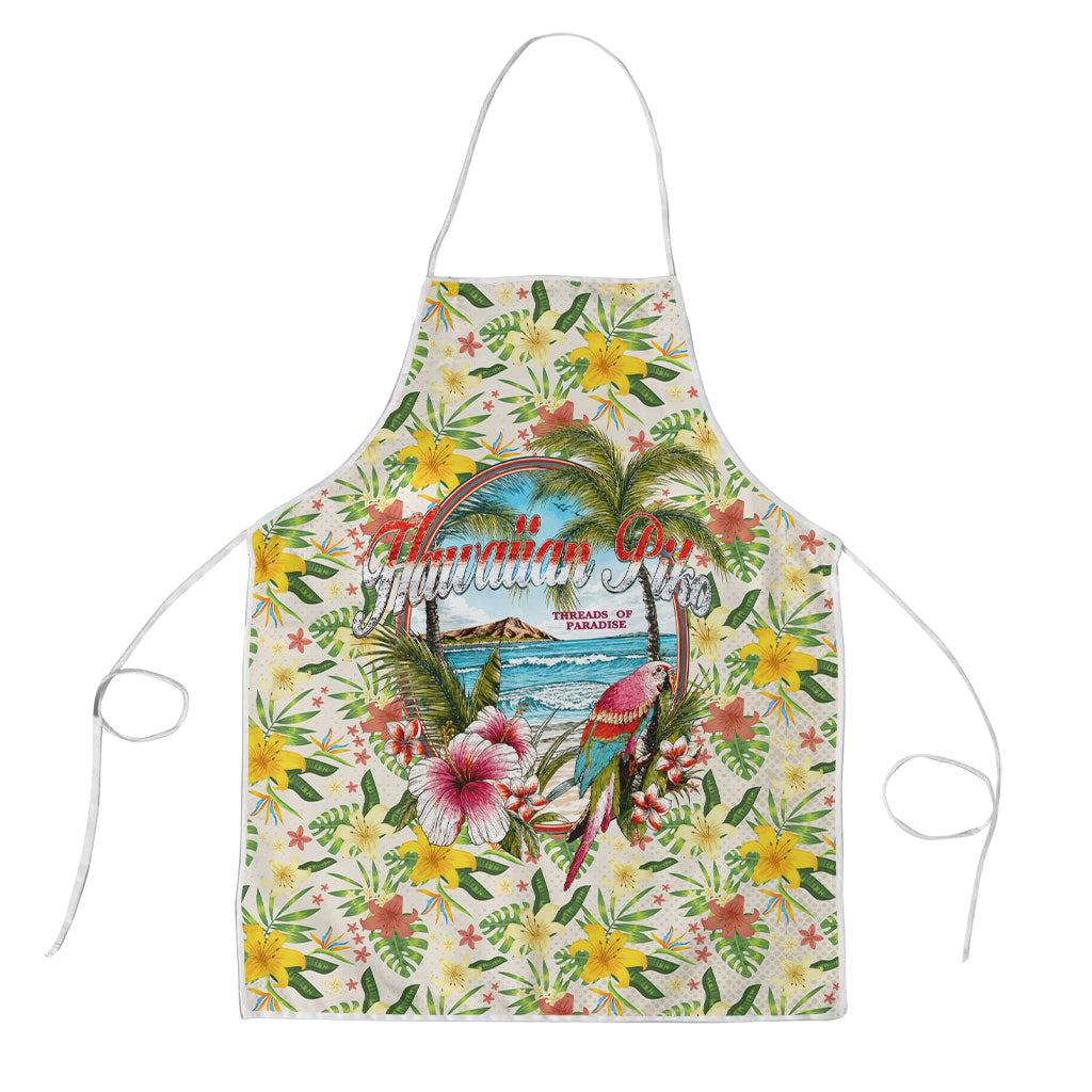Hawaiian Piko Threads Of Paradise Aloha Apron Tropical Hibiscus Plumeria TS04 White Green - Polynesian Pride