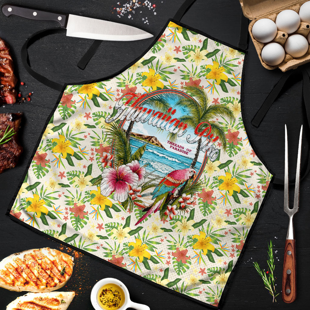 Hawaiian Piko Threads Of Paradise Aloha Apron Tropical Hibiscus Plumeria TS04 White Green - Polynesian Pride