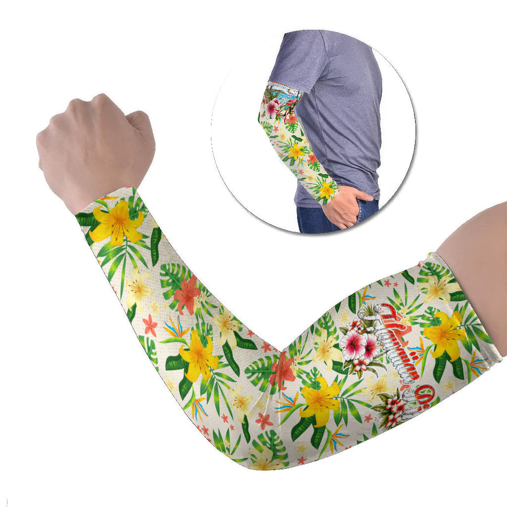 Hawaiian Piko Threads Of Paradise Aloha Arm Sleeves Tropical Hibiscus Plumeria TS04 Set of 2 White Green - Polynesian Pride