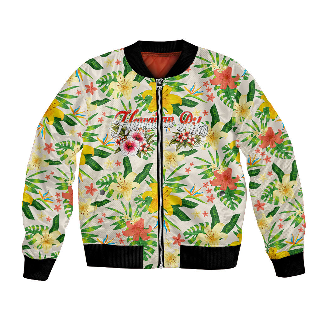 Hawaiian Piko Threads Of Paradise Aloha Bomber Jacket Tropical Hibiscus Plumeria TS04 Unisex White Green - Polynesian Pride