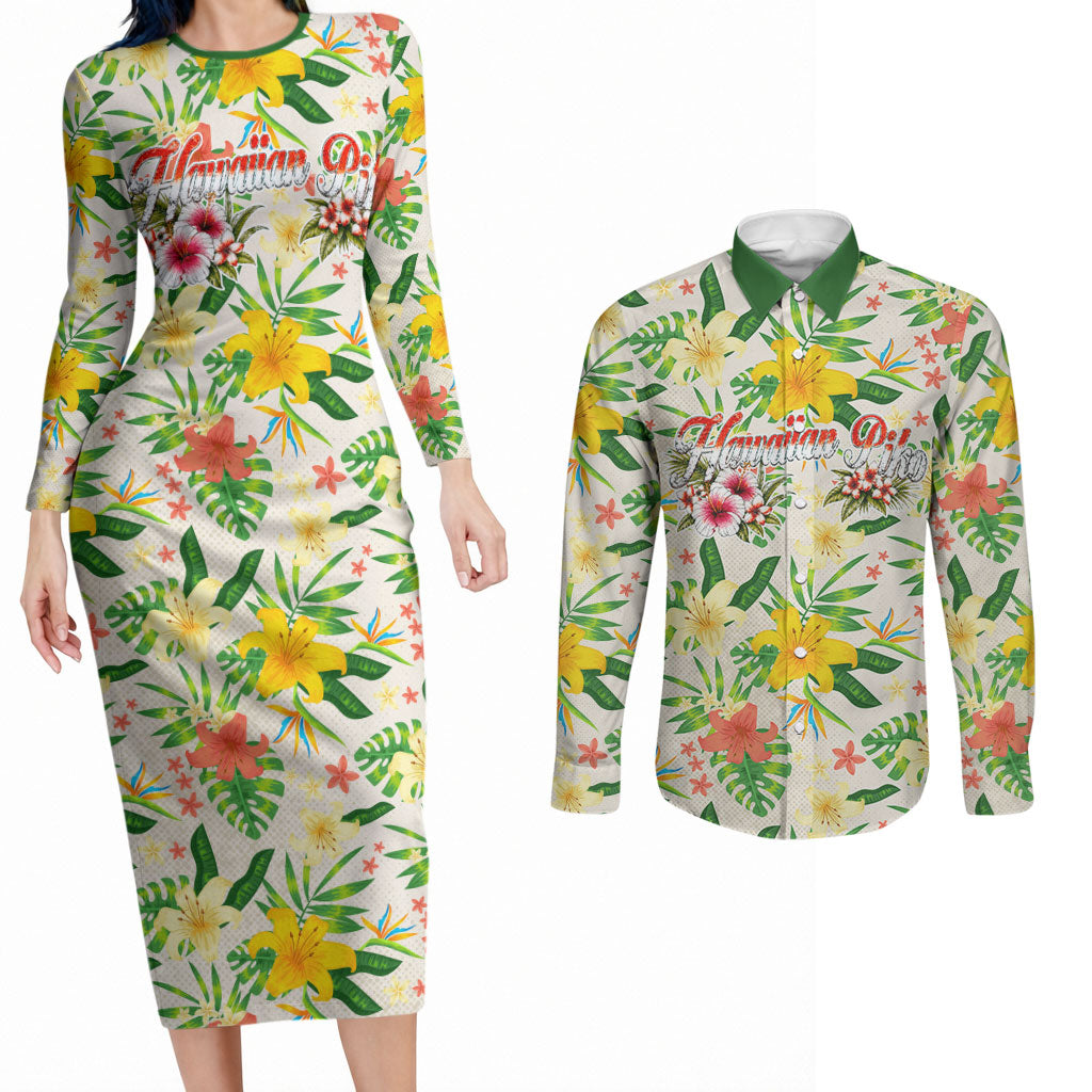 Hawaiian Piko Threads Of Paradise Aloha Couples Matching Long Sleeve Bodycon Dress and Long Sleeve Button Shirt Tropical Hibiscus Plumeria TS04 White Green - Polynesian Pride