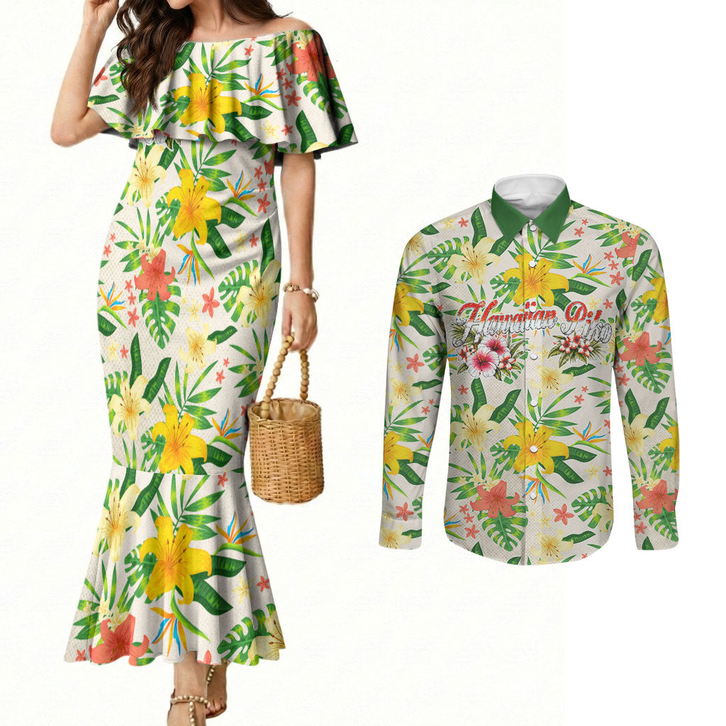 Hawaiian Piko Threads Of Paradise Aloha Couples Matching Mermaid Dress and Long Sleeve Button Shirt Tropical Hibiscus Plumeria TS04 White Green - Polynesian Pride