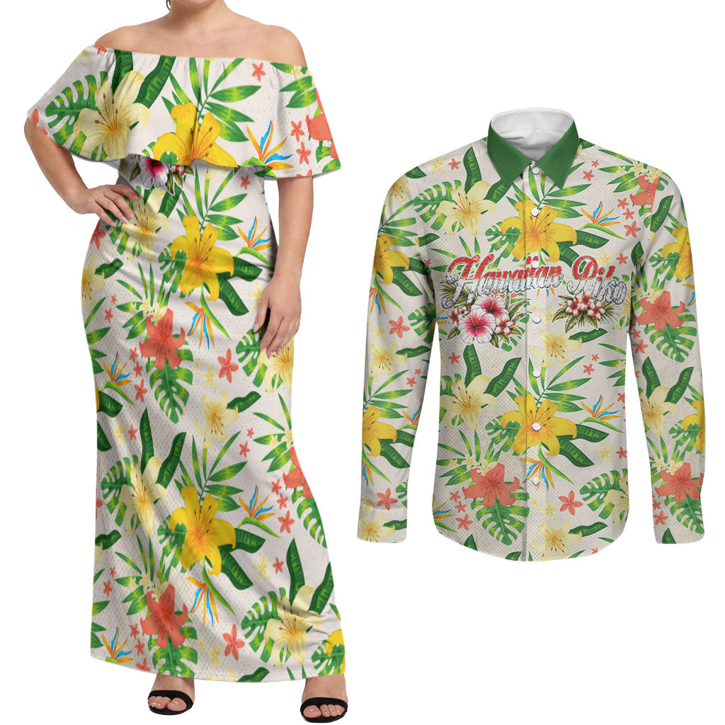 Hawaiian Piko Threads Of Paradise Aloha Couples Matching Off Shoulder Maxi Dress and Long Sleeve Button Shirt Tropical Hibiscus Plumeria TS04 White Green - Polynesian Pride