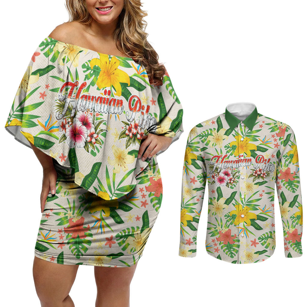 Hawaiian Piko Threads Of Paradise Aloha Couples Matching Off Shoulder Short Dress and Long Sleeve Button Shirt Tropical Hibiscus Plumeria TS04 White Green - Polynesian Pride