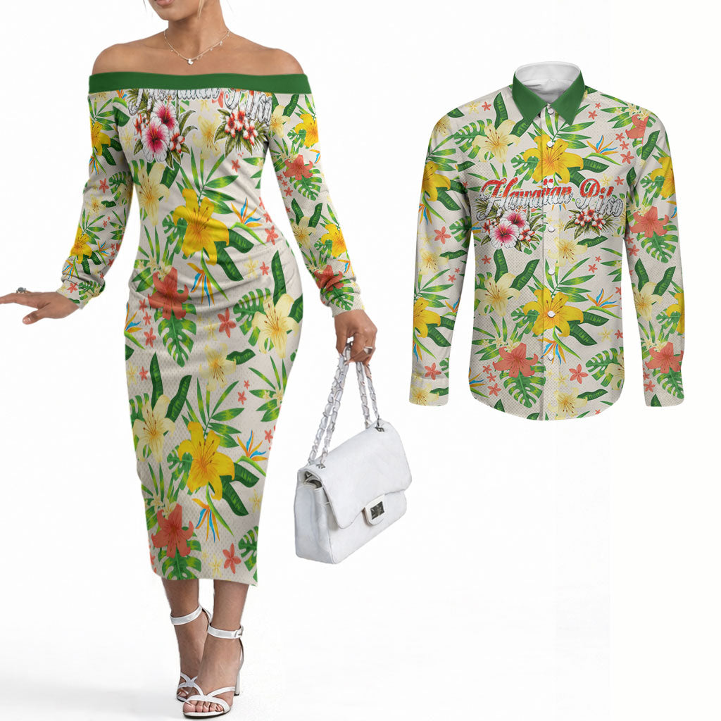 Hawaiian Piko Threads Of Paradise Aloha Couples Matching Off The Shoulder Long Sleeve Dress and Long Sleeve Button Shirt Tropical Hibiscus Plumeria TS04 White Green - Polynesian Pride