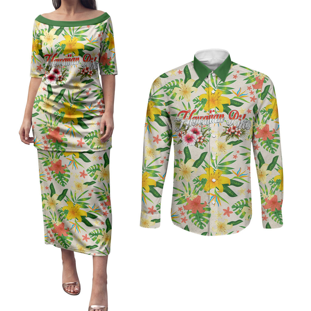 Hawaiian Piko Threads Of Paradise Aloha Couples Matching Puletasi and Long Sleeve Button Shirt Tropical Hibiscus Plumeria TS04 White Green - Polynesian Pride