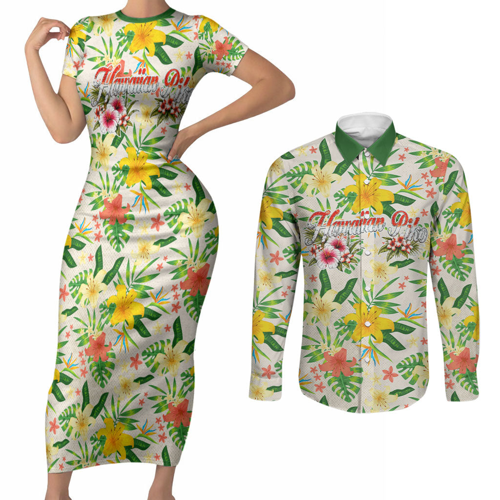 Hawaiian Piko Threads Of Paradise Aloha Couples Matching Short Sleeve Bodycon Dress and Long Sleeve Button Shirt Tropical Hibiscus Plumeria TS04 White Green - Polynesian Pride