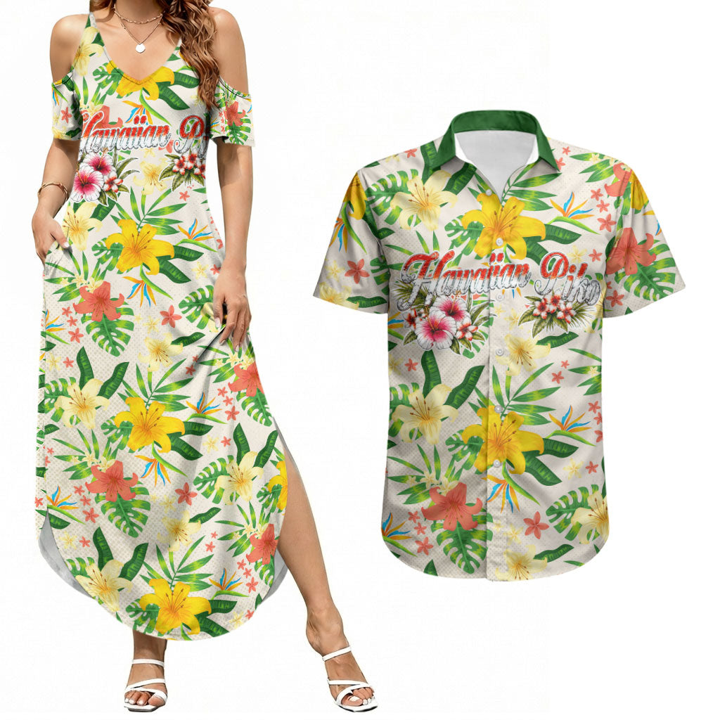 Hawaiian Piko Threads Of Paradise Aloha Couples Matching Summer Maxi Dress and Hawaiian Shirt Tropical Hibiscus Plumeria TS04 White Green - Polynesian Pride