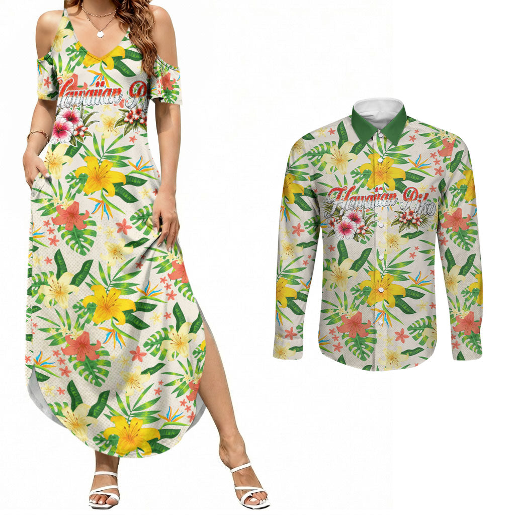 Hawaiian Piko Threads Of Paradise Aloha Couples Matching Summer Maxi Dress and Long Sleeve Button Shirt Tropical Hibiscus Plumeria TS04 White Green - Polynesian Pride