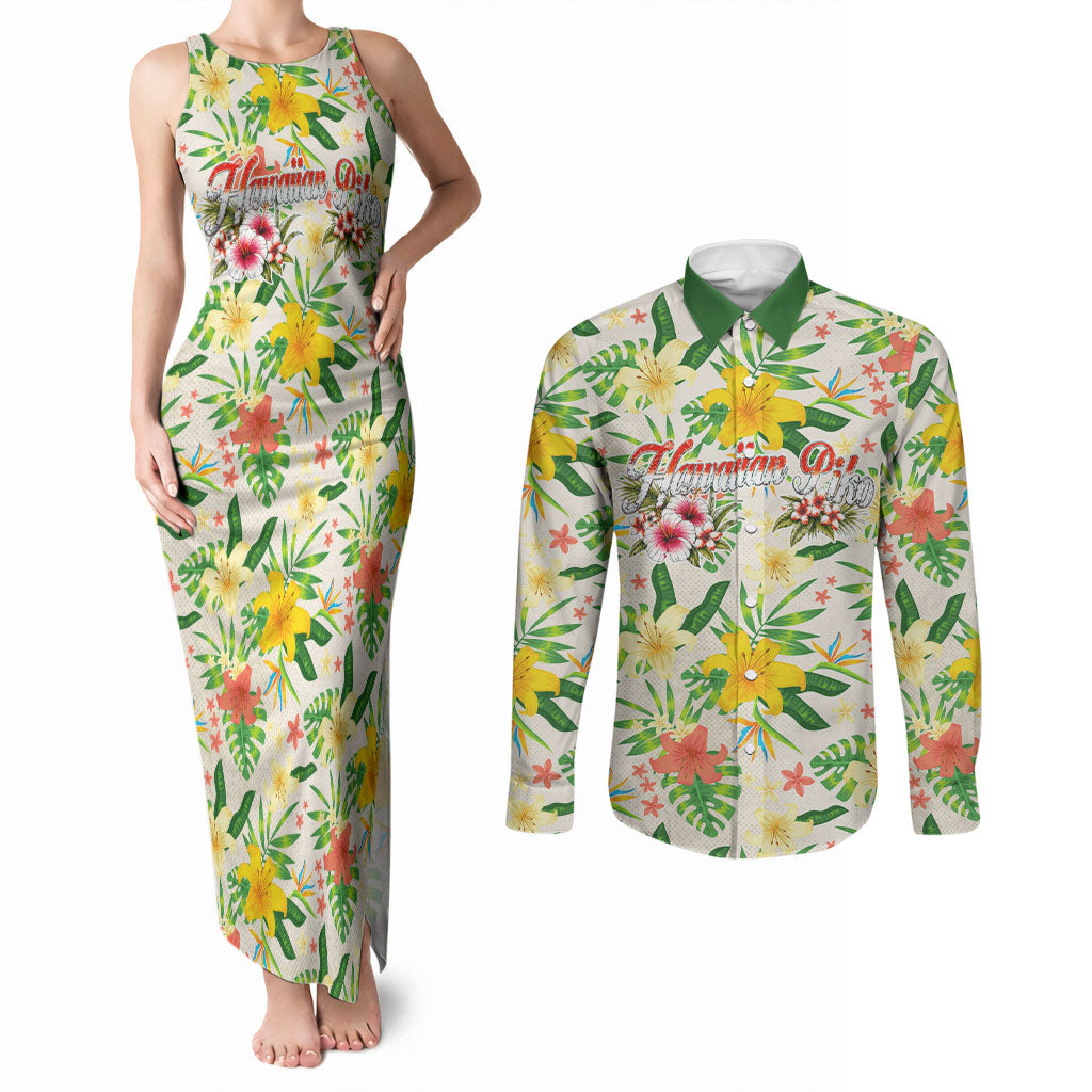 Hawaiian Piko Threads Of Paradise Aloha Couples Matching Tank Maxi Dress and Long Sleeve Button Shirt Tropical Hibiscus Plumeria TS04 White Green - Polynesian Pride