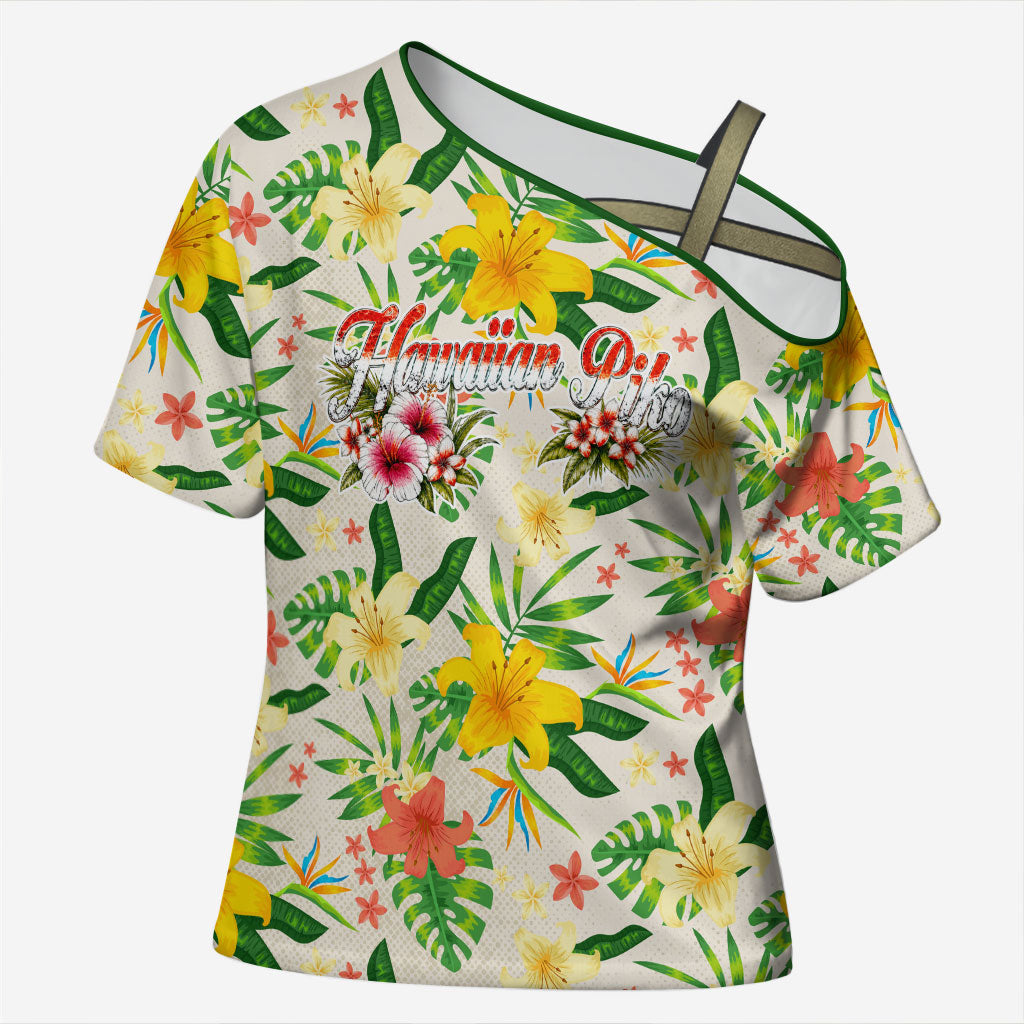 Hawaiian Piko Threads Of Paradise Aloha Cross Shoulder Shirt Tropical Hibiscus Plumeria TS04 Female White Green - Polynesian Pride