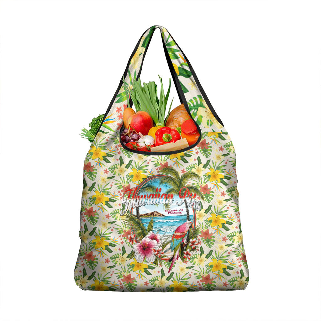 Hawaiian Piko Threads Of Paradise Aloha Grocery Bag Tropical Hibiscus Plumeria TS04 1-pack One Size White Green - Polynesian Pride