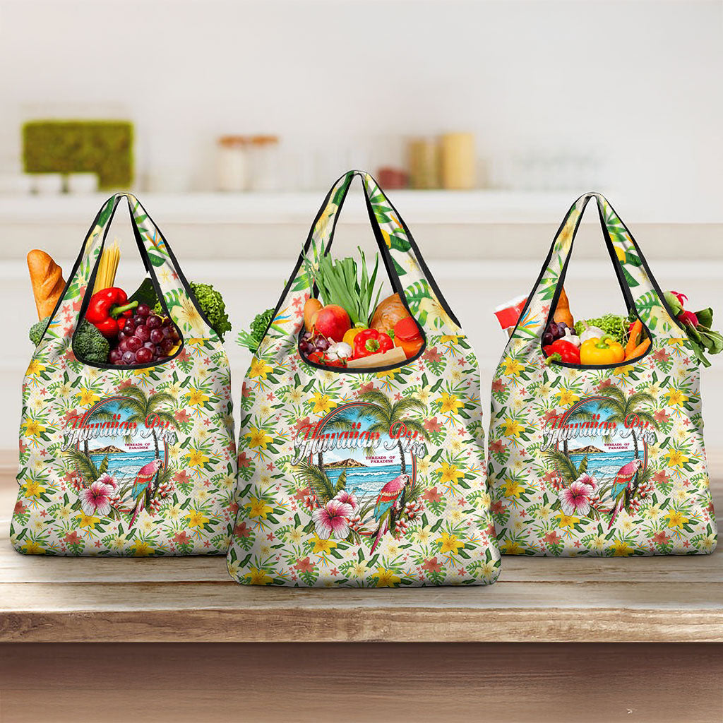 Hawaiian Piko Threads Of Paradise Aloha Grocery Bag Tropical Hibiscus Plumeria TS04 3-pack One Size White Green - Polynesian Pride