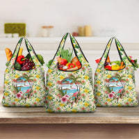 Hawaiian Piko Threads Of Paradise Aloha Grocery Bag Tropical Hibiscus Plumeria TS04 3-pack One Size White Green - Polynesian Pride