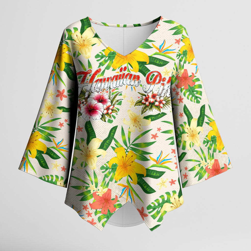 Hawaiian Piko Threads Of Paradise Aloha Kimono Sleeve Blouse Tropical Hibiscus Plumeria TS04 Female White Green - Polynesian Pride