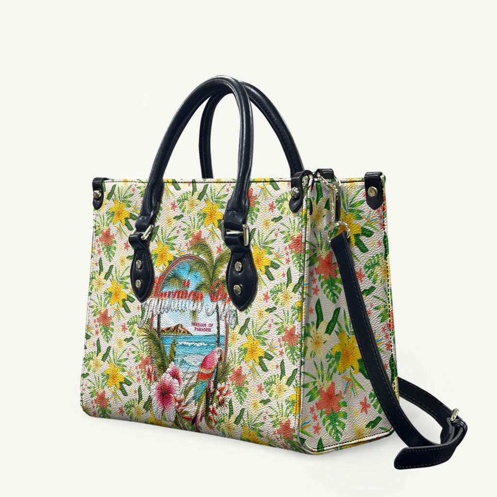 Hawaiian Piko Threads Of Paradise Aloha Leather Bag Tropical Hibiscus Plumeria TS04 White Green - Polynesian Pride