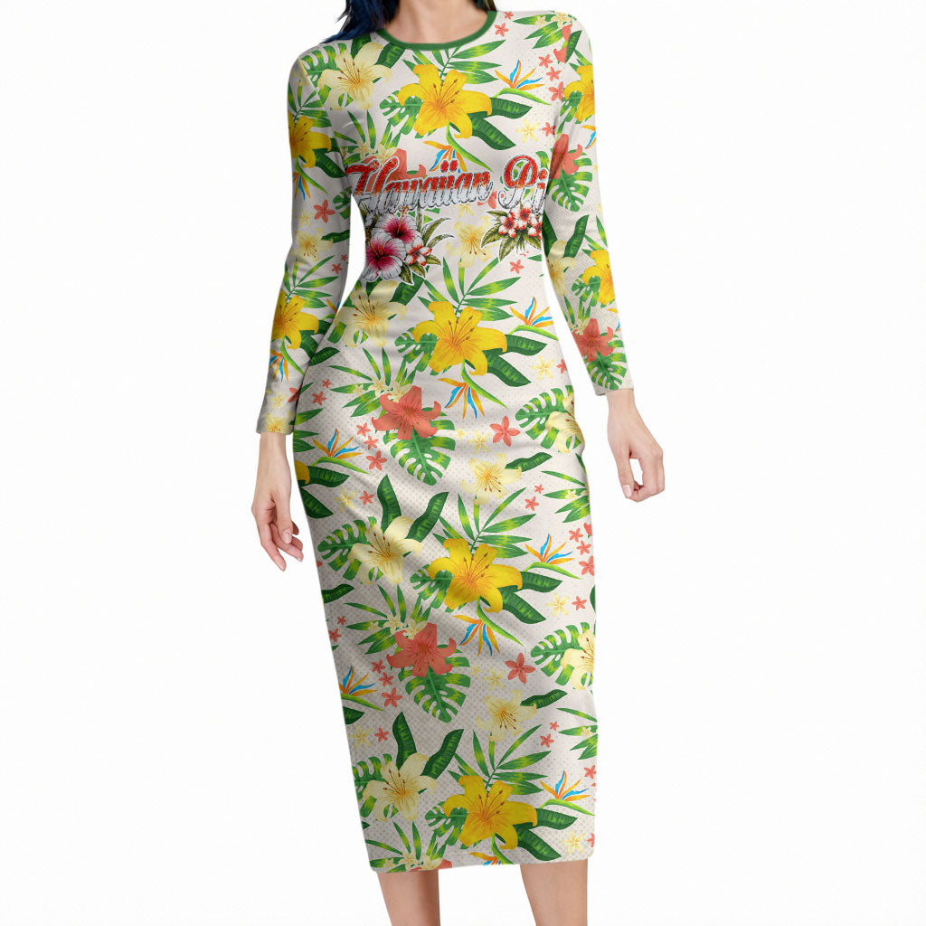 Hawaiian Piko Threads Of Paradise Aloha Long Sleeve Bodycon Dress Tropical Hibiscus Plumeria TS04 Long Dress White Green - Polynesian Pride