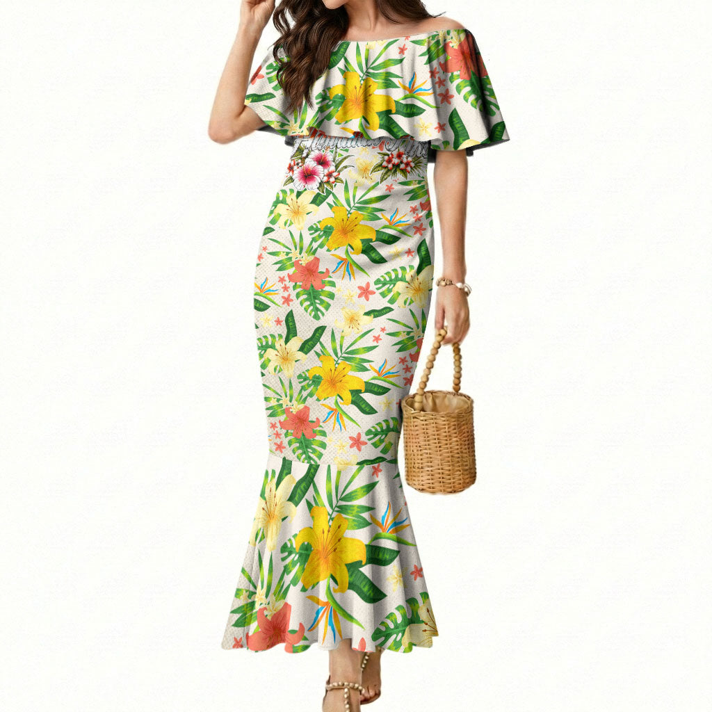 Hawaiian Piko Threads Of Paradise Aloha Mermaid Dress Tropical Hibiscus Plumeria TS04 Women White Green - Polynesian Pride