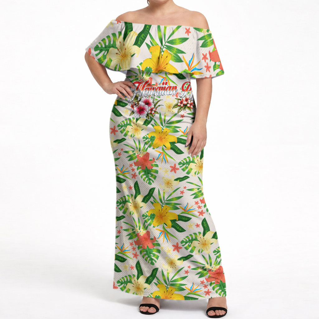Hawaiian Piko Threads Of Paradise Aloha Off Shoulder Maxi Dress Tropical Hibiscus Plumeria TS04 Women White Green - Polynesian Pride
