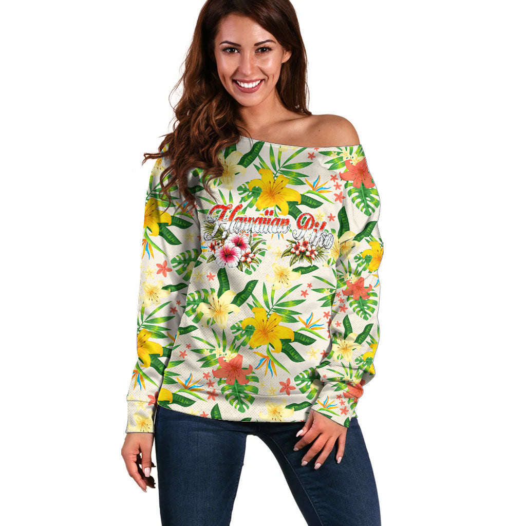 Hawaiian Piko Threads Of Paradise Aloha Off Shoulder Sweater Tropical Hibiscus Plumeria TS04 Women White Green - Polynesian Pride