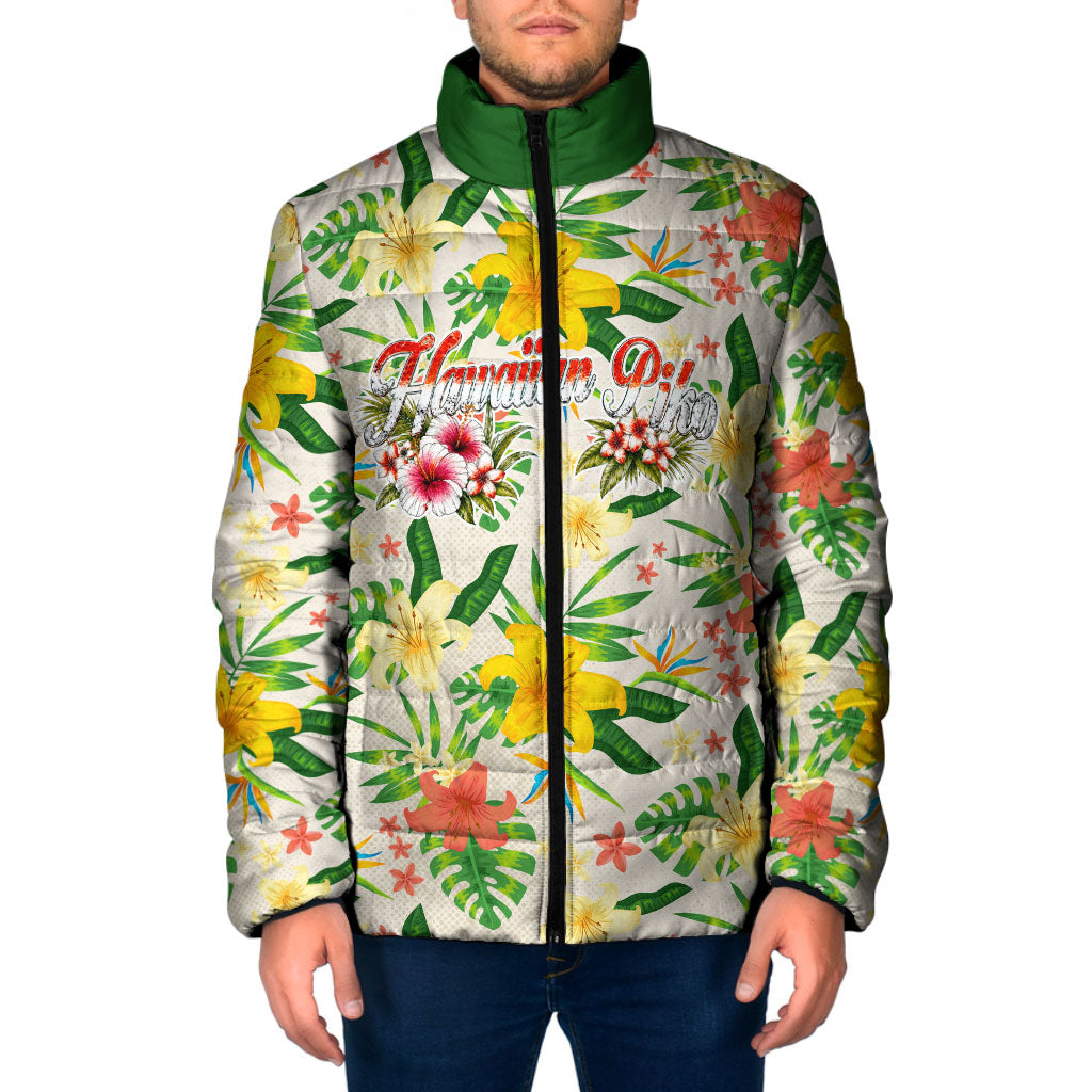 Hawaiian Piko Threads Of Paradise Aloha Padded Jacket Tropical Hibiscus Plumeria TS04 Men White Green - Polynesian Pride