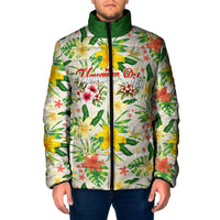 Hawaiian Piko Threads Of Paradise Aloha Padded Jacket Tropical Hibiscus Plumeria TS04 Men White Green - Polynesian Pride