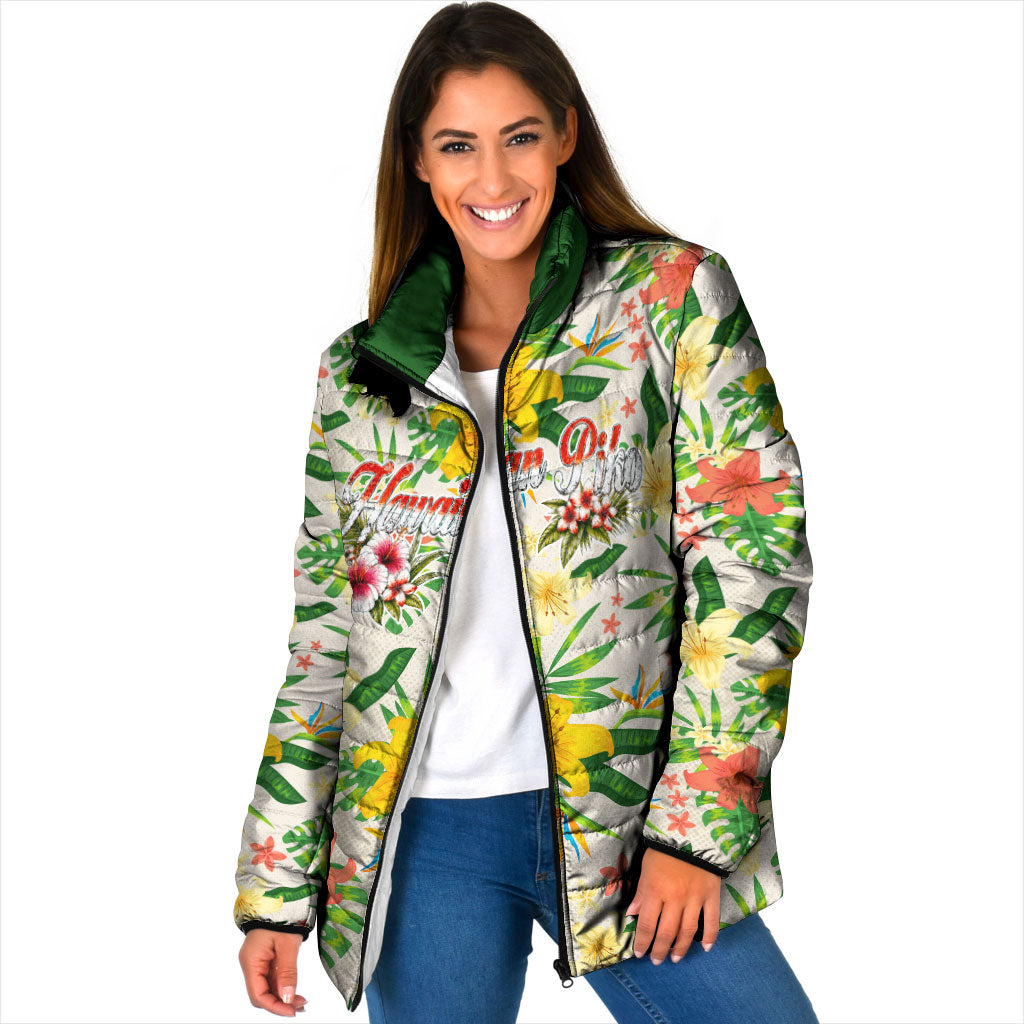 Hawaiian Piko Threads Of Paradise Aloha Padded Jacket Tropical Hibiscus Plumeria TS04 Women White Green - Polynesian Pride