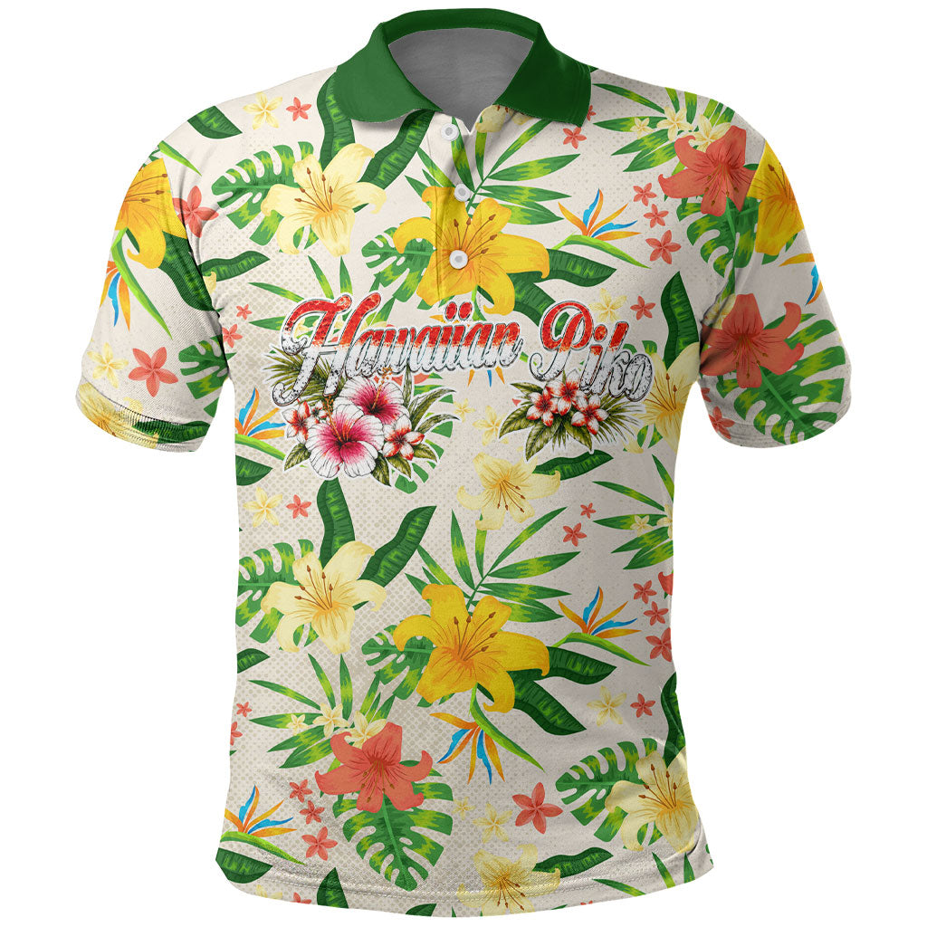 Hawaiian Piko Threads Of Paradise Aloha Polo Shirt Tropical Hibiscus Plumeria TS04 White Green - Polynesian Pride