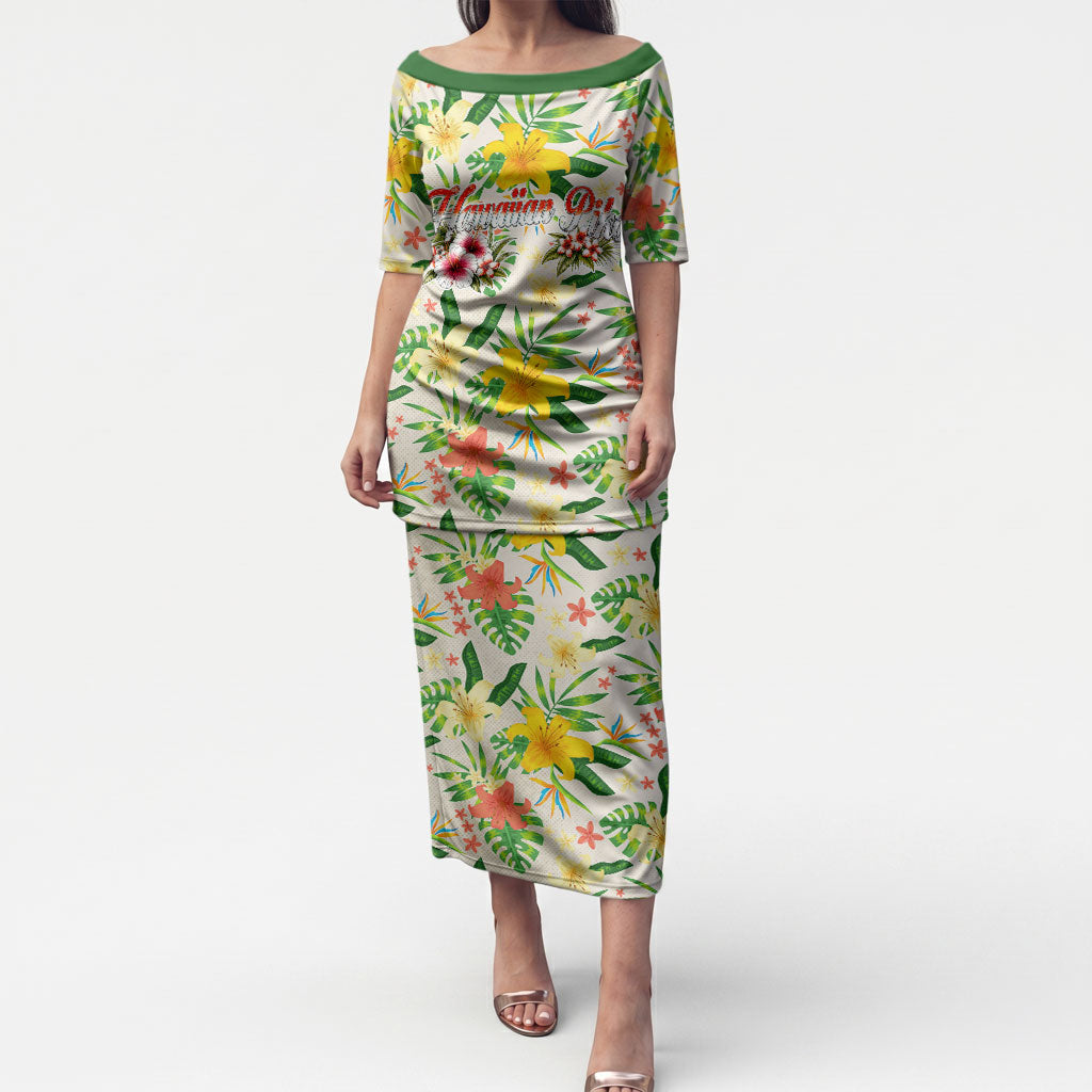 Hawaiian Piko Threads Of Paradise Aloha Puletasi Tropical Hibiscus Plumeria TS04 Long Dress White Green - Polynesian Pride