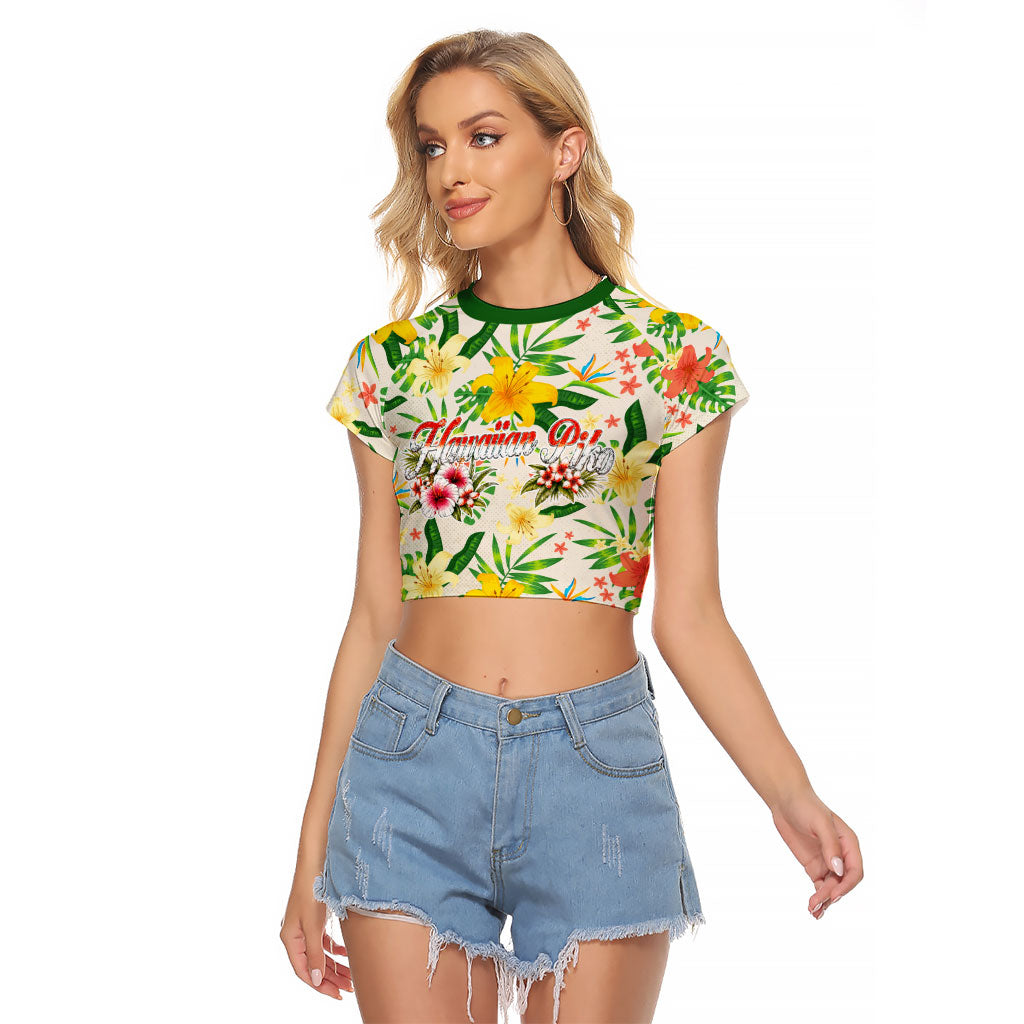 Hawaiian Piko Threads Of Paradise Aloha Raglan Cropped T Shirt Tropical Hibiscus Plumeria TS04 Female White Green - Polynesian Pride