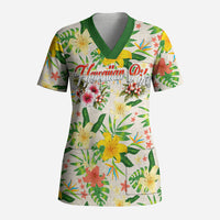 Hawaiian Piko Threads Of Paradise Aloha Scrub Top Tropical Hibiscus Plumeria TS04 Adult White Green - Polynesian Pride