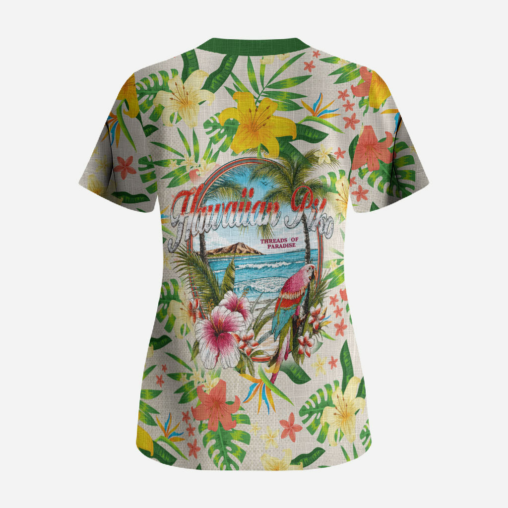 Hawaiian Piko Threads Of Paradise Aloha Scrub Top Tropical Hibiscus Plumeria TS04 - Polynesian Pride