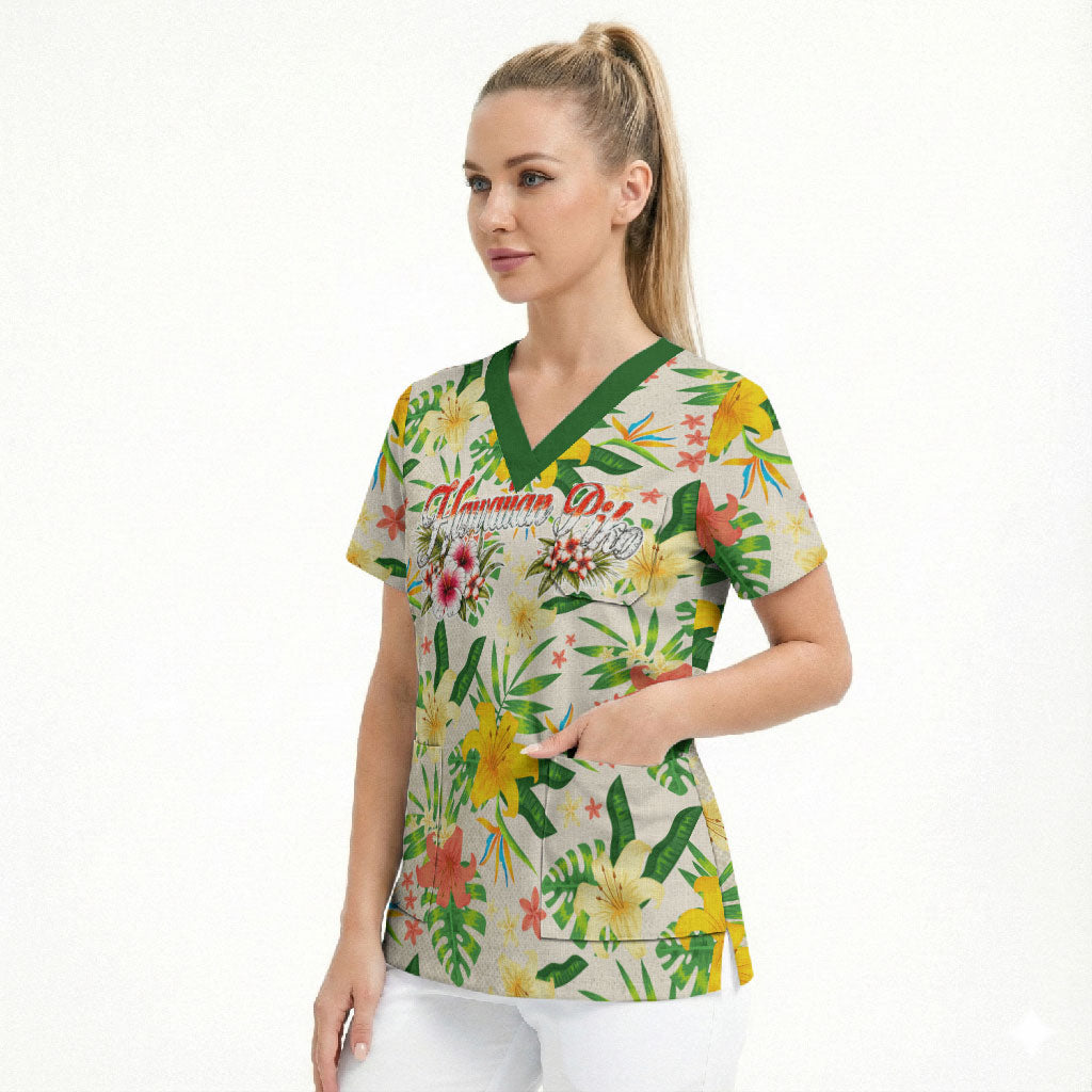 Hawaiian Piko Threads Of Paradise Aloha Scrub Top Tropical Hibiscus Plumeria TS04 - Polynesian Pride