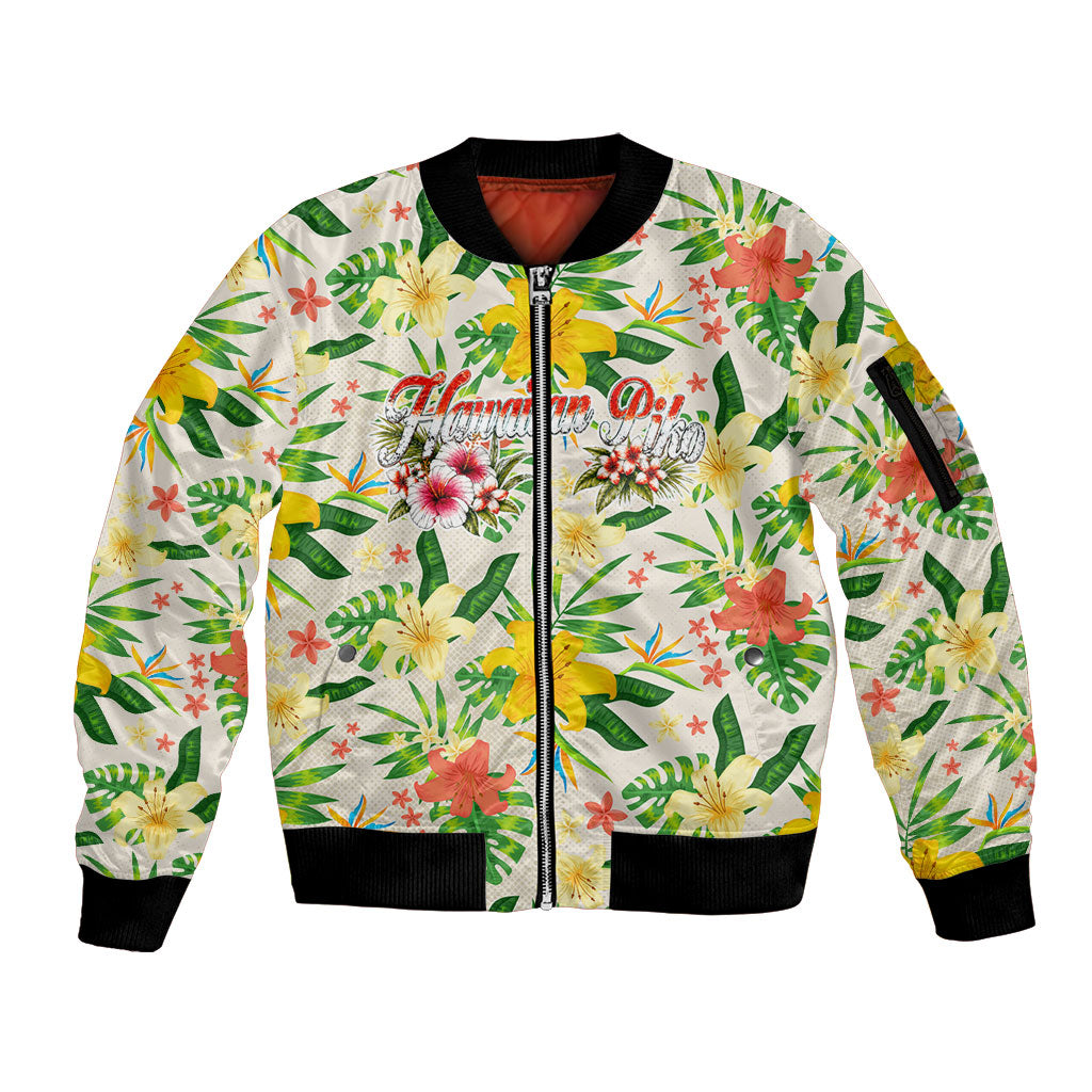 Hawaiian Piko Threads Of Paradise Aloha Sleeve Zip Bomber Jacket Tropical Hibiscus Plumeria TS04 Unisex White Green - Polynesian Pride
