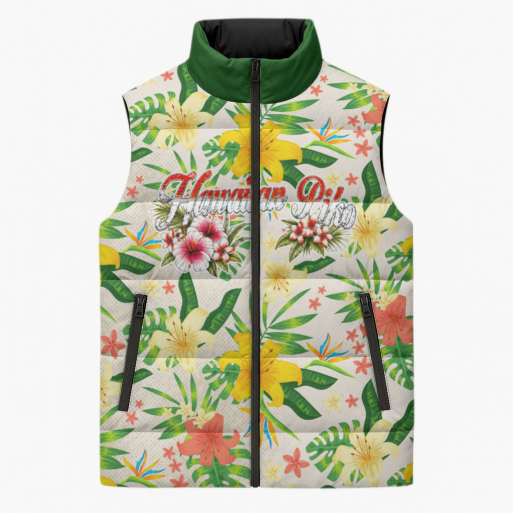 Hawaiian Piko Threads Of Paradise Aloha Sleeveless Puffer Jacket Tropical Hibiscus Plumeria TS04 Unisex White Green - Polynesian Pride