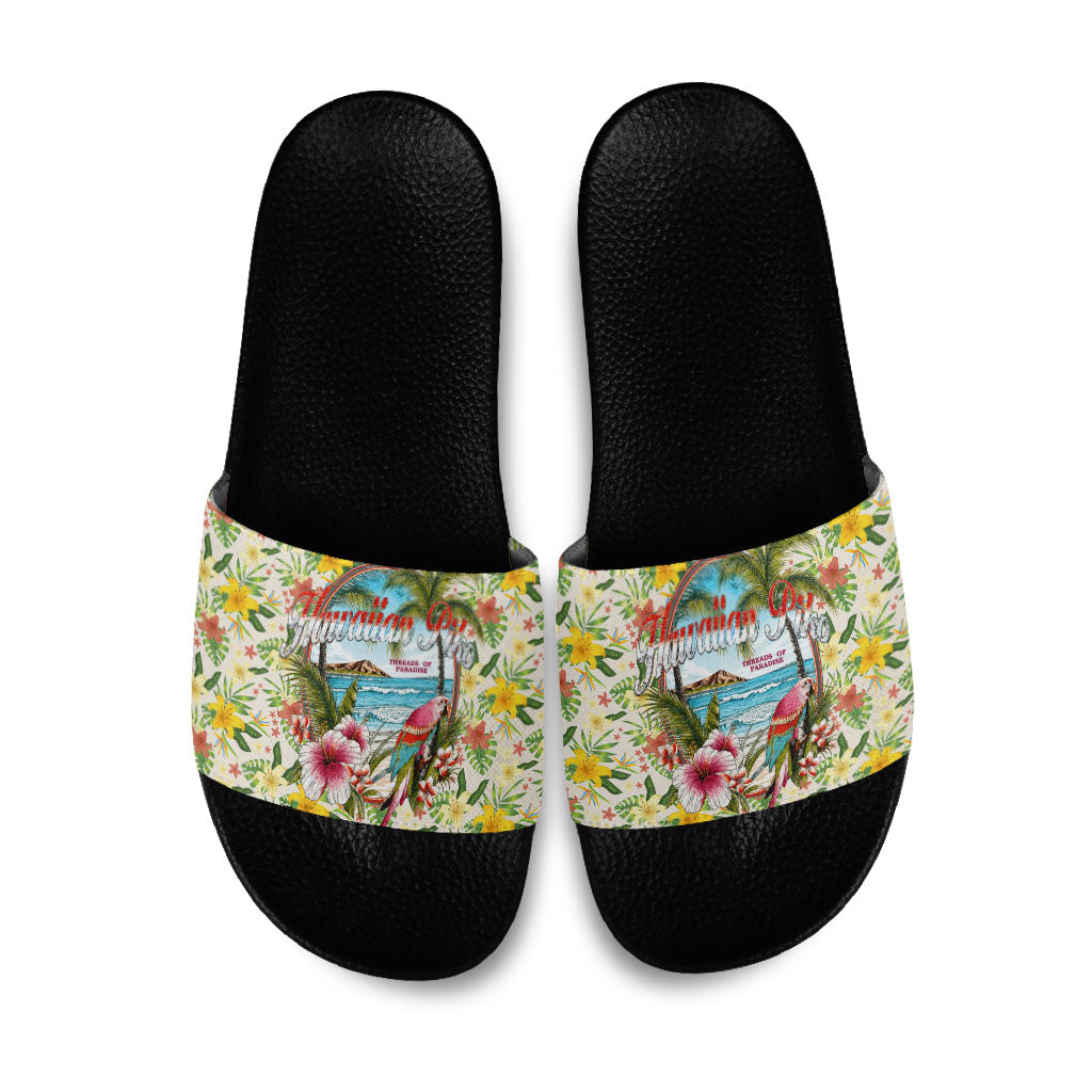 Hawaiian Piko Threads Of Paradise Aloha Slide Sandals Tropical Hibiscus Plumeria TS04 White Green - Polynesian Pride