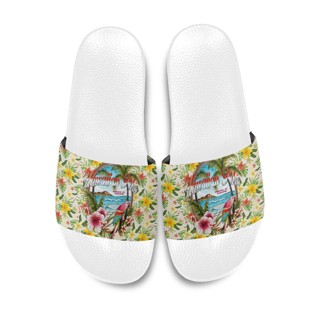 Hawaiian Piko Threads Of Paradise Aloha Slide Sandals Tropical Hibiscus Plumeria TS04 White Green - Polynesian Pride